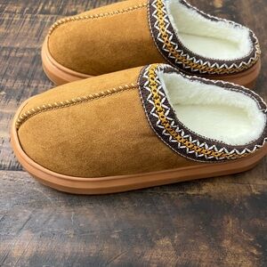 Cozy Tan Slippers with Embroidered Trim